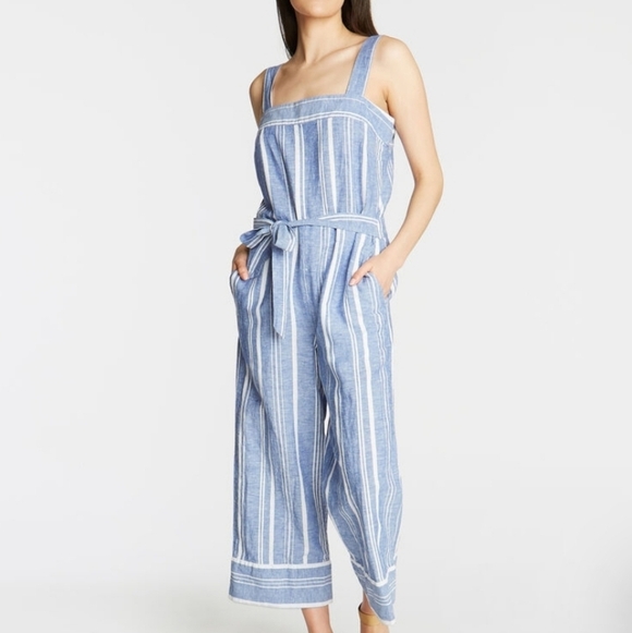Nautica Linen Blend Bib Elastic Back Stripe Jumpsuit - Picture 4 of 10